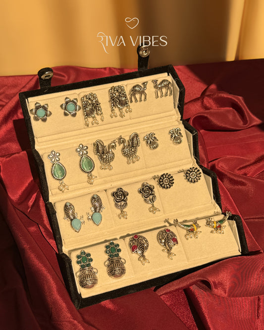 Set of 12 Oxidized Designer Stud Earrings with Folding Jewelry Box & Message Roll