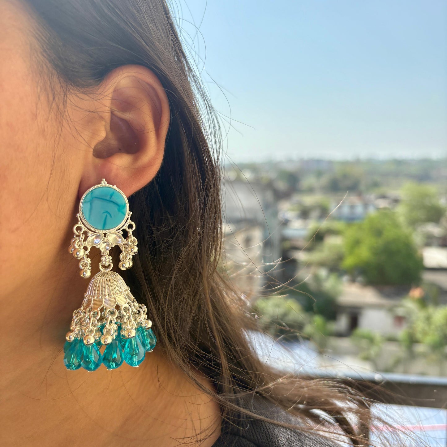 Silver-Plated Jhumka Blue